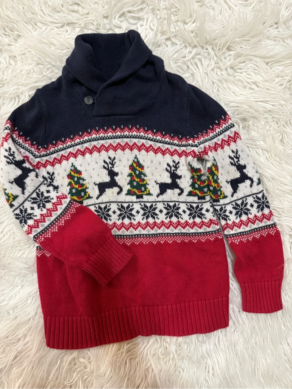 Shawl Collar Holiday Sweater - Red, Navy & White